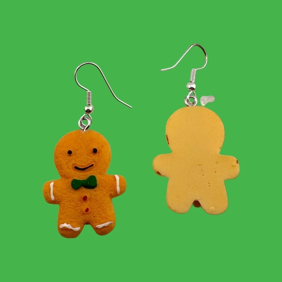 Gingerbread Man Earrings Silver-plated Fish Hook Ear Wires - Picture 3 of 4
